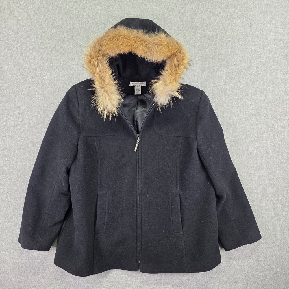 Preston & York Black 100% Wool Fur Trim Hooded Coat Womens Petite 1XWP